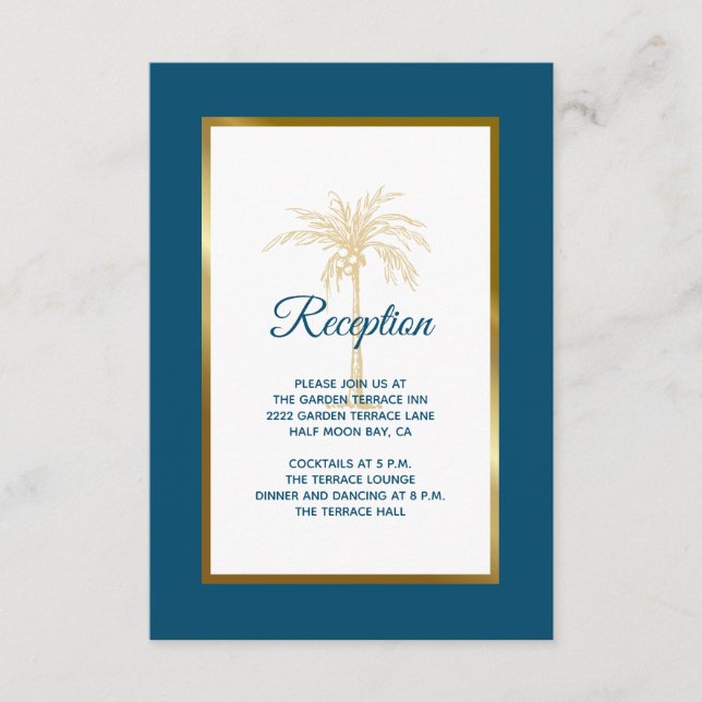 Carte D'accompagnement Réception de mariage Tropical Ocean Blue Gold Palm (Devant)