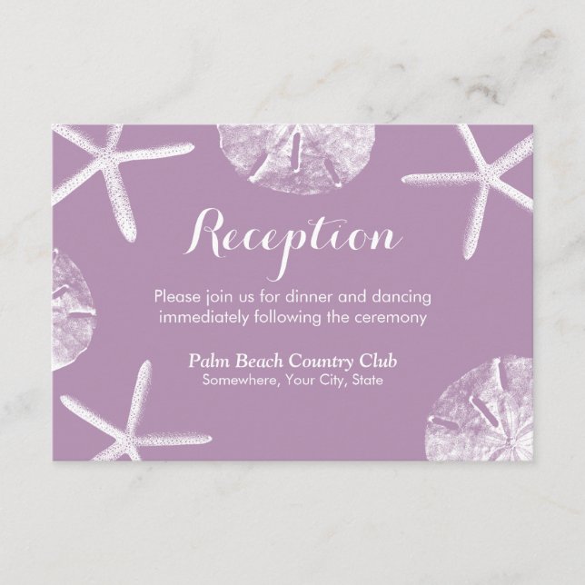 Carte D'accompagnement Réception de mariage Violet Starfish & Sand Dollar (Devant)