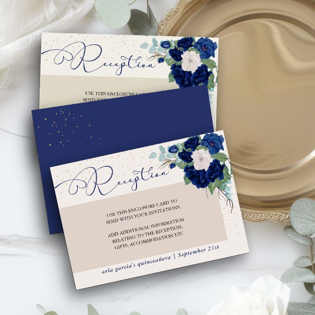 Carte D'accompagnement Réception des Roses Royal Blue et Ivory (Dark blue reception cards from my Royal Rose Quinceanera collection)
