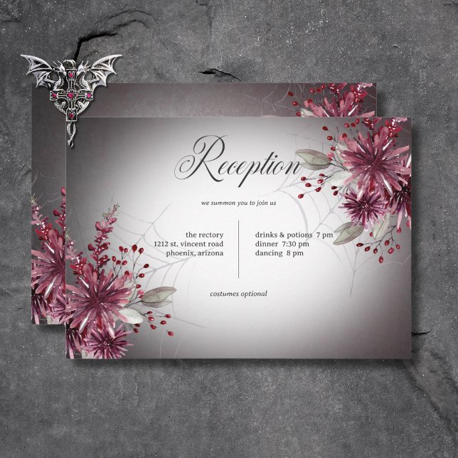 Carte D'accompagnement Réception d'Halloween gothique rustique Noir & Bou (Rustic Gothic Black & Burgundy Halloween Reception Enclosure Card)