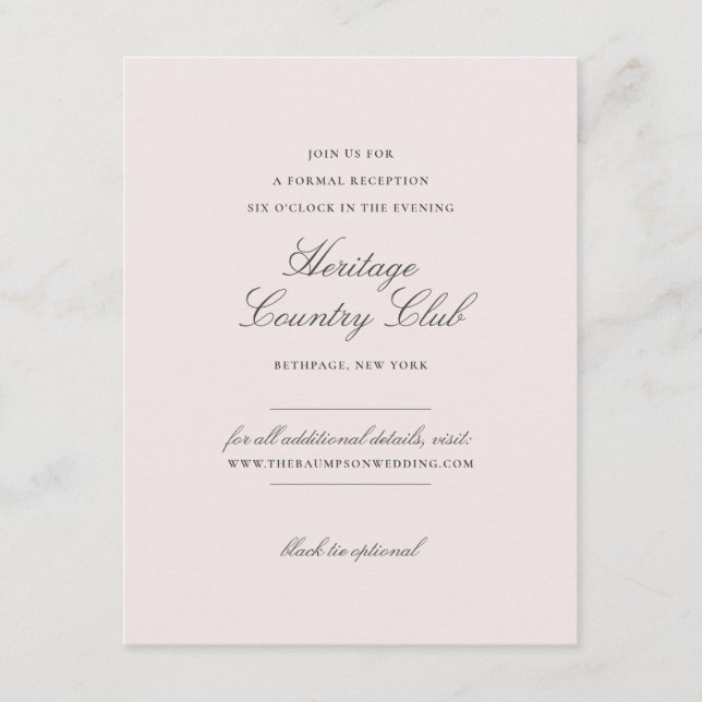 Carte D'accompagnement Réception et site Web Mariage rose pâle (Devant)