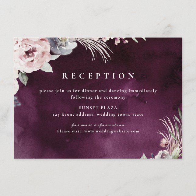 Carte D'accompagnement Réception fleurie boho rustique prune et rose pous (Devant)