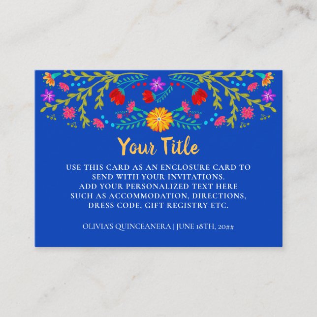 Carte D'accompagnement Réception Florale Royale Bleue Mexicaine Fiesta (Devant)
