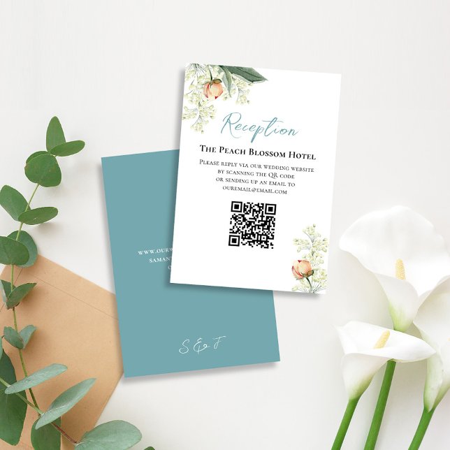 Carte D'accompagnement Réception mariage - Bleu Poche Code QR RSVP (Elegant wedding RSVP card with watercolor peach floral design.)