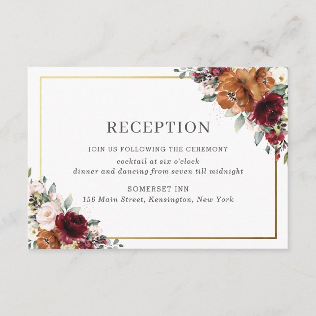 Carte D'accompagnement Réception Mariage Floral Blanc Orange Bourgogne (Devant)