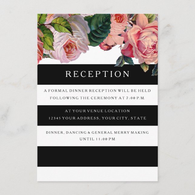 Carte D'accompagnement Réception MODERNE Chic Rayures larges avec Roses a (Devant)