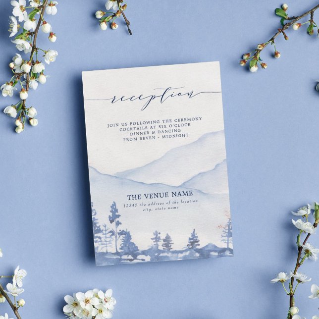 Carte D'accompagnement Réception Mountain Rustic Blue Watercolor (Capture the serene beauty of your love story with our Blue Mountain Watercolor Wedding reception.)