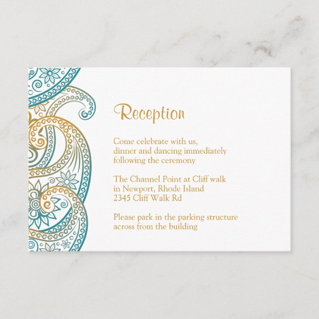 Carte D'accompagnement Réception turquoise & Gold Paisley, Mariage indien (Devant)