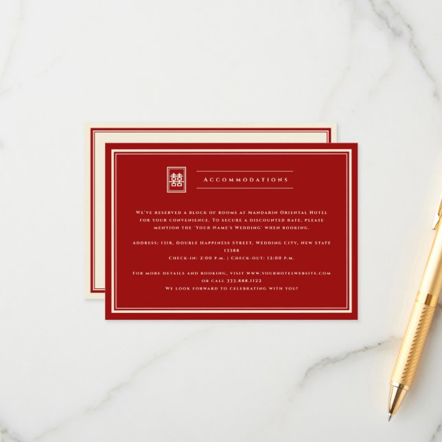 Carte D'accompagnement Rectangle classique Double Bonheur Mariage chinois (Devant/Arrière en situation)