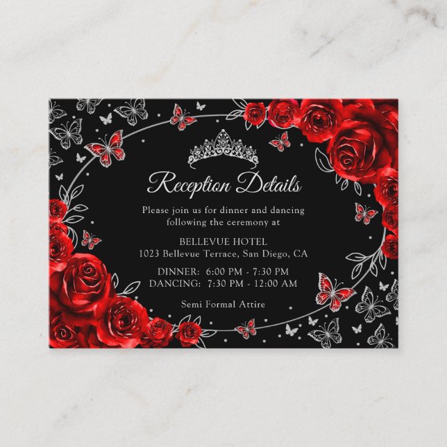 Carte D'accompagnement Red Black Silver Quinceanera Reception Details (Devant)