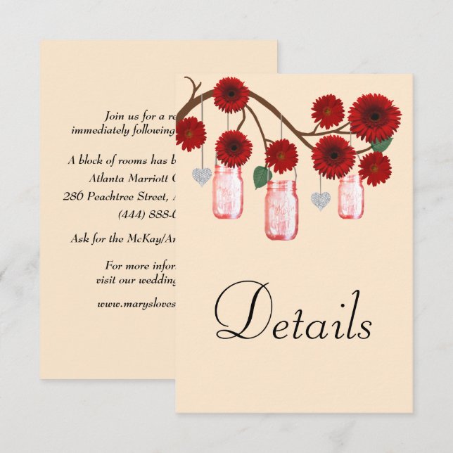 Carte D'accompagnement Red Floral Mason Jars Détails du Mariage (Devant / Derrière)