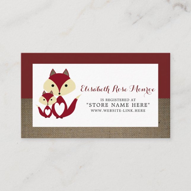 Carte D'accompagnement Red Fox Burlap Baby shower Registre des cadeaux (Devant)