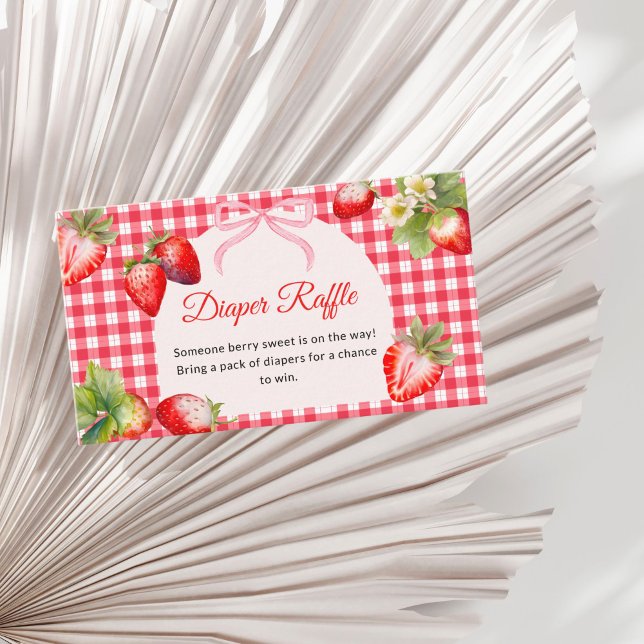 Carte D'accompagnement Red Gingham Strawberry Diaper Raffle Baby Shower (Red Gingham Straberries baby shower Diaper Raffle Card)