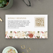 Red Gold Noël Floral QR Code Mariage RSVP