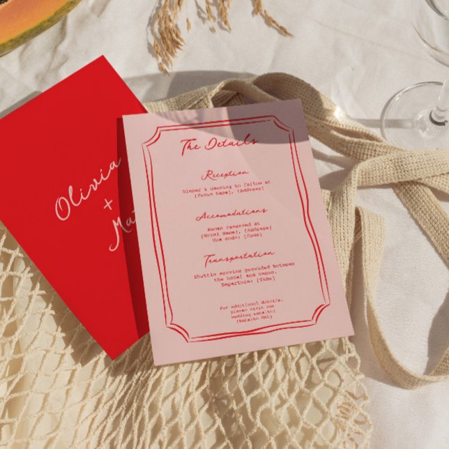 Carte D'accompagnement Red + Pink Wedding Details Enclosure Card (red pink wedding, wedding details card, enclosure card, colorful wedding card, modern wedding detail)