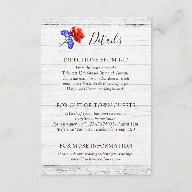 Carte D'accompagnement Red Poppy & Cornflower Rustic Détails / Directions (Devant)
