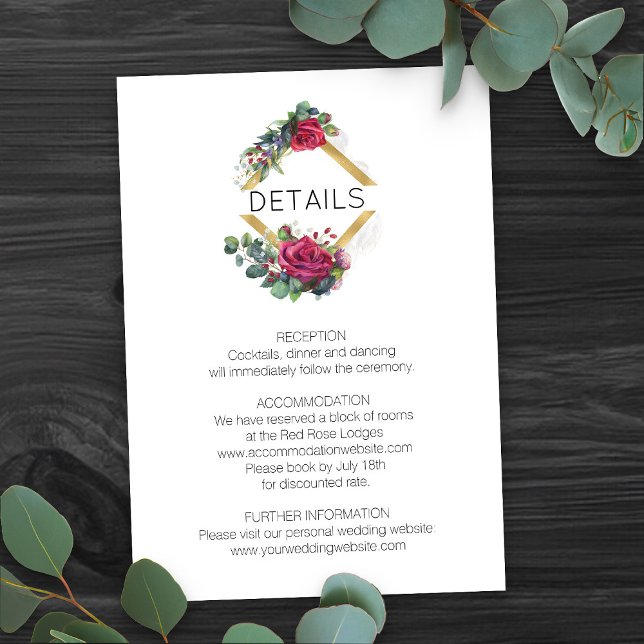 Carte D'accompagnement Red Rose et Eucaluptus Détails du Mariage (Romantic floral wedding details card from my Red Rose and Eucalyptus Wedding Collection)