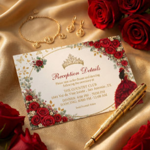 Carte D'accompagnement Red Roses Golden Butterflies Quinceañera