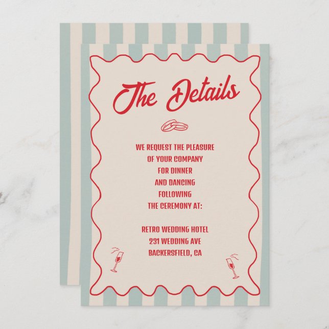 Carte D'accompagnement Red Script Blue Line QR Code Retro Wedding Details (Devant / Derrière)