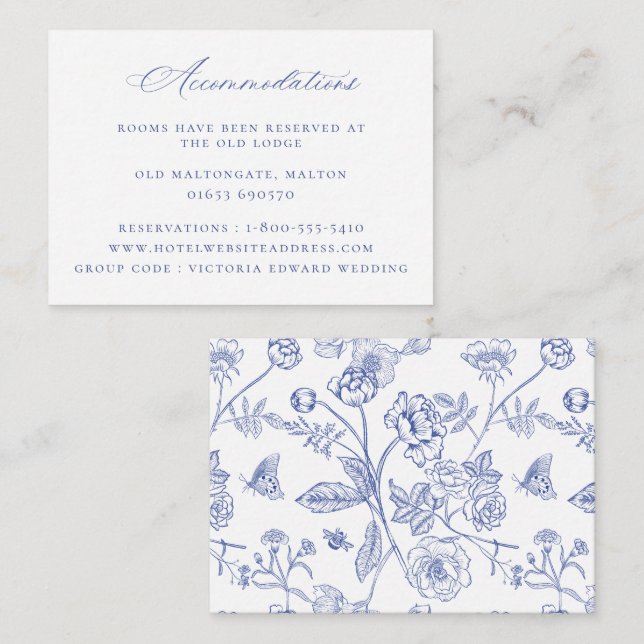 Carte D'accompagnement Regency Blue Floral Mariage Hébergements (Devant / Derrière)