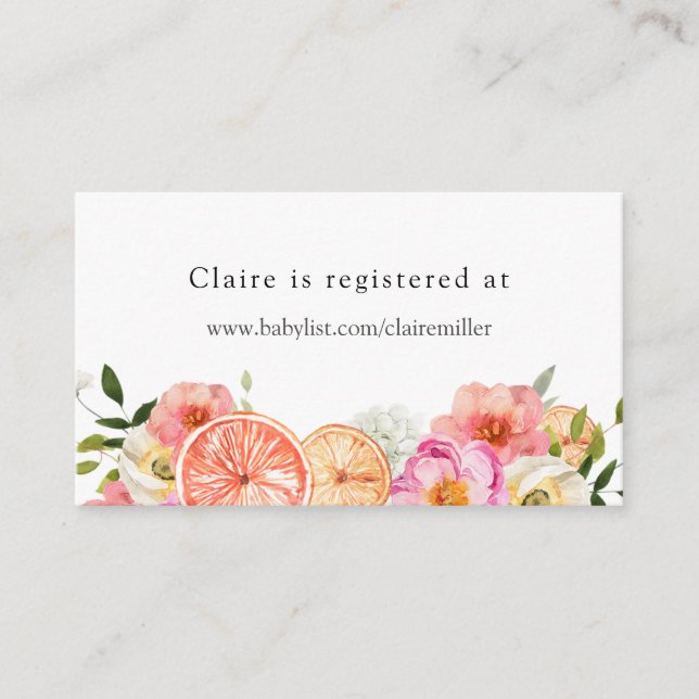 Carte D'accompagnement Registre Baby shower des fleurs d'agrumes roses (Devant)