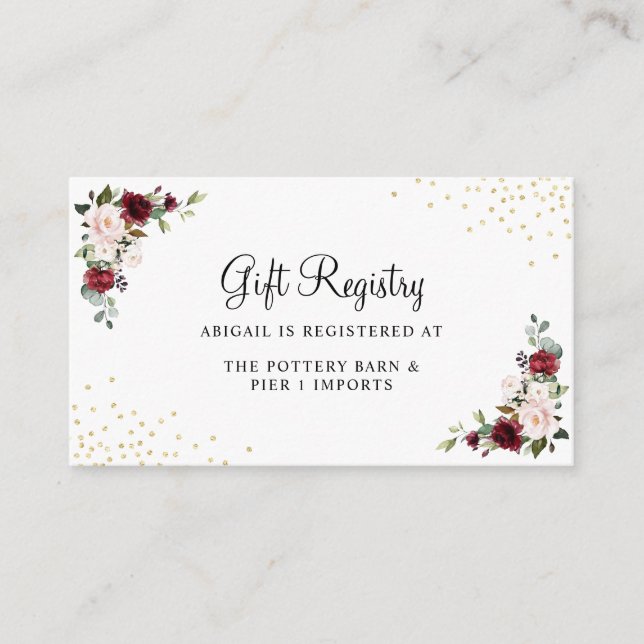 Carte D'accompagnement Registre cadeau Bourgogne Floral Gold Foil Chic (Devant)