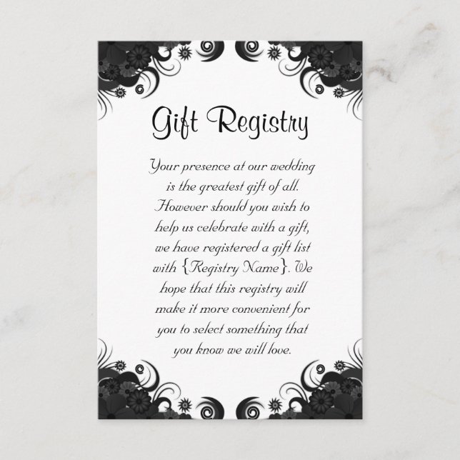 Carte D'accompagnement Registre cadeau de Mariage floral noir et blanc (Devant)