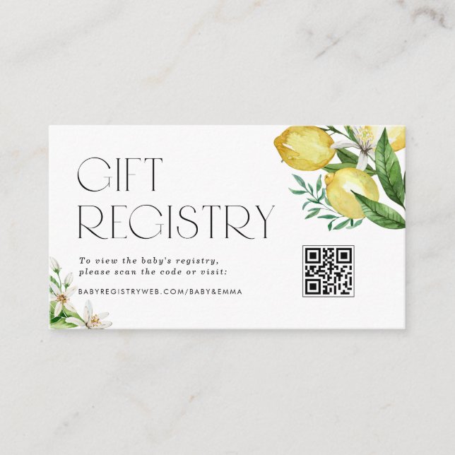 Carte D'accompagnement Registre de Baby shower de code QR citrons et fleu (Devant)