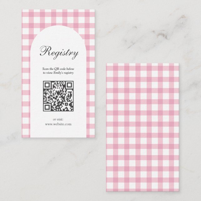 Carte D'accompagnement Registre de Baby shower de fille En vichy rose (Devant / Derrière)