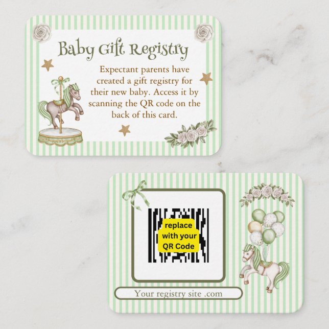 Carte D'accompagnement Registre de cadeaux de cheval de carrousel vert  (Devant / Derrière)