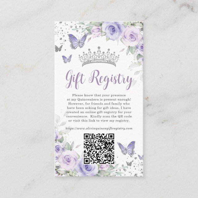 Carte D'accompagnement Registre de cadeaux de Quinceanera à fleurs de lav (Devant)