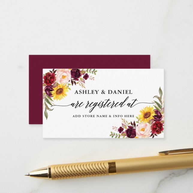 Carte D'accompagnement Registre de mariage floral aquarelle calligraphié (Devant/Arrière en situation)