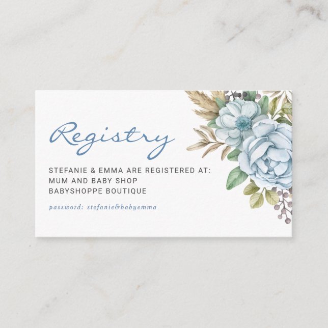 Carte D'accompagnement Registre des Baby showers de fleurs bleu aquarelle (Devant)