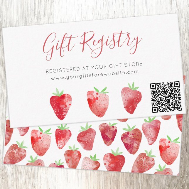 Carte D'accompagnement Registre des cadeaux de Fête des mariées fraise Co (Bridal shower berry sweet watercolor strawberry gift registry QR code enclosure card)