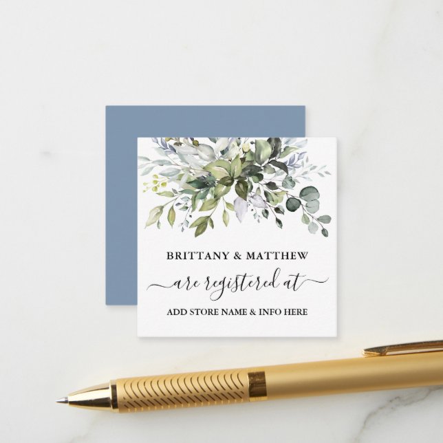 Carte D'accompagnement Registre mariage Aquarelle Vert Dusty Bleu (Devant/Arrière en situation)