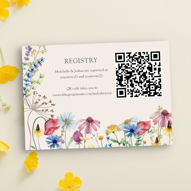 Carte D'accompagnement Registre mariage QR Code Fleur sauvage Pays Floral (Wedding Registry card with qr code, custom store name(s) and registry website address.)