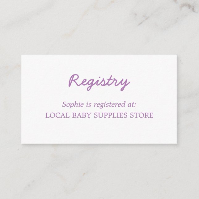 Carte D'accompagnement Registre minimal de violet doux baby shower (Devant)