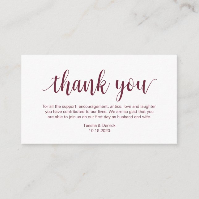 Carte D'accompagnement Remerciements de mariage, écriture moderne burgund (Devant)