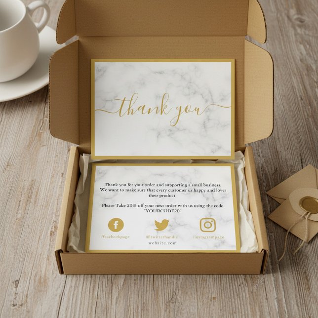 Carte D'accompagnement Remise sur l'effet de marbre blanc et or merci (Gold and white marble effect discount thank you enclosure card.)