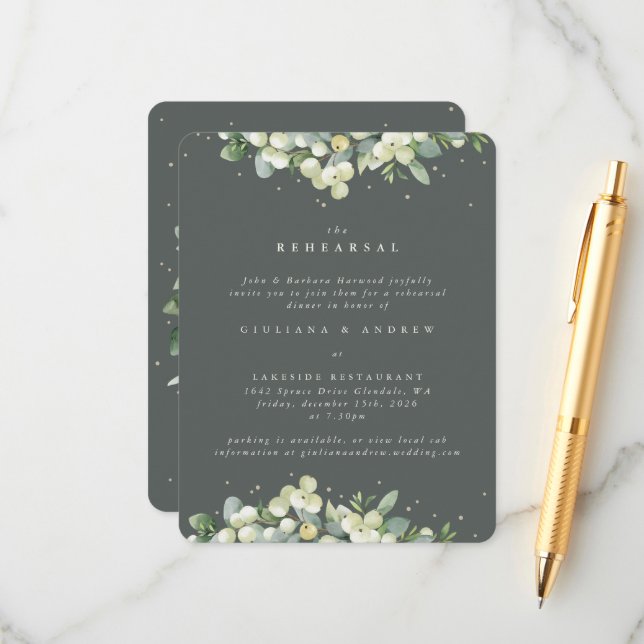 Carte D'accompagnement Répétition Mariage à bordure verte Snowberry+Eucal (Devant/Arrière en situation)