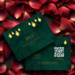 Carte D'accompagnement Réponse au mariage QR Lumières dorées Émeraude roy