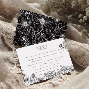 Carte D'accompagnement Réponse pour mariage de jardin élégant noir et bla