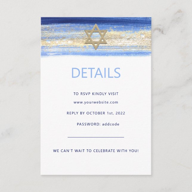 Carte D'accompagnement Réponse RSVP Bar MITZVAH à l'aquarelle bleue et or (Devant)