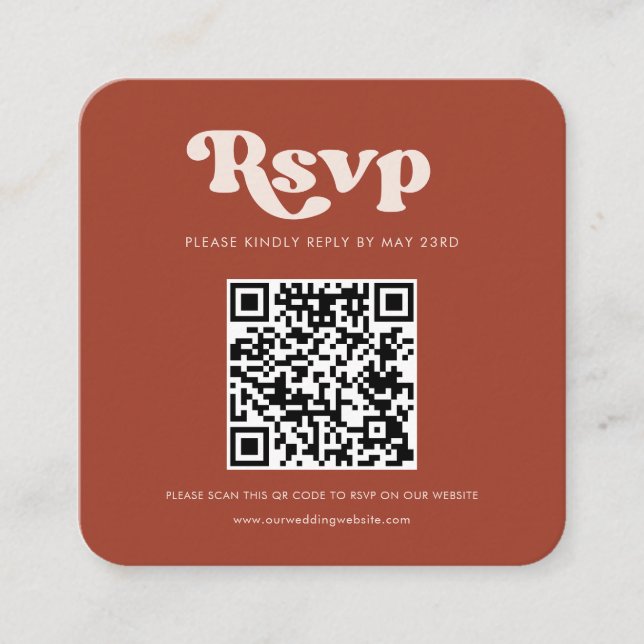 Carte D'accompagnement Réponse RSVP stylée rétro en terre cuite QR code (Devant)