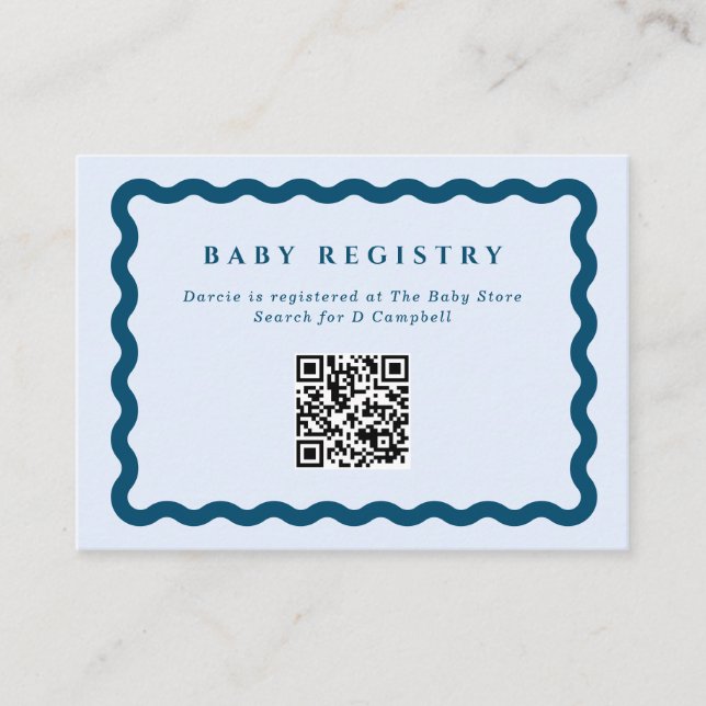 Carte D'accompagnement Retro Blue Wavy Frame Registre bébé Code QR (Devant)
