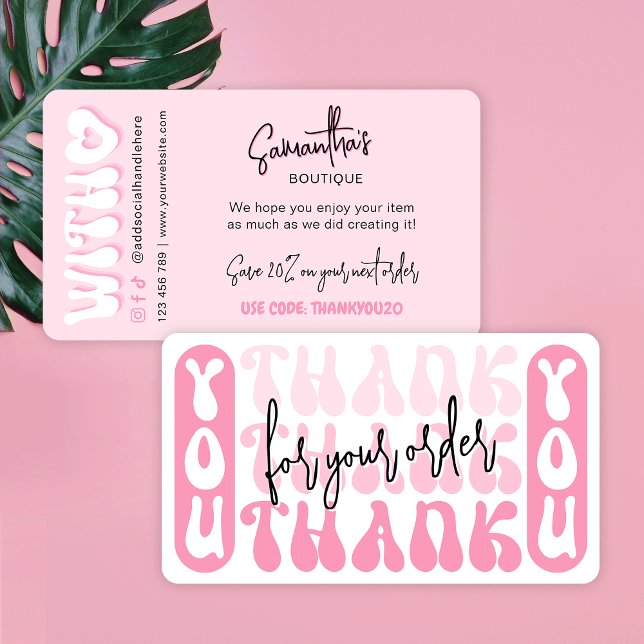 Carte D'accompagnement Rétro Rose moderne Merci d'entreprise Remise (Retro pink gradient thank you for order discount cards for your business)
