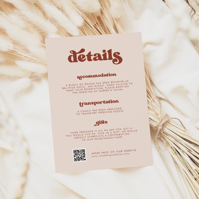 Carte D'accompagnement Retro stylé Peach Pink Détails du Mariage Code QR (Créateur téléchargé)