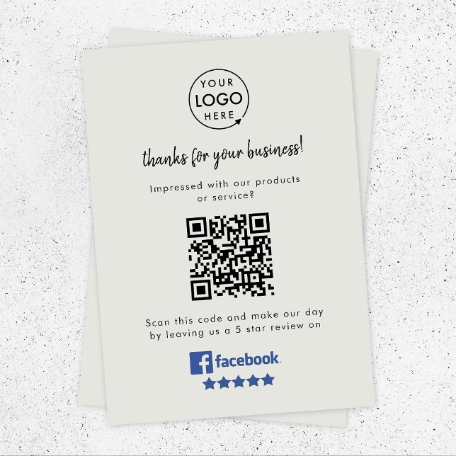 Carte D'accompagnement Revue Facebook Lien QR Code Gris Avis professionne (Gain Facebook reviews & grow your business with this rating request editable enclosure insert card.)