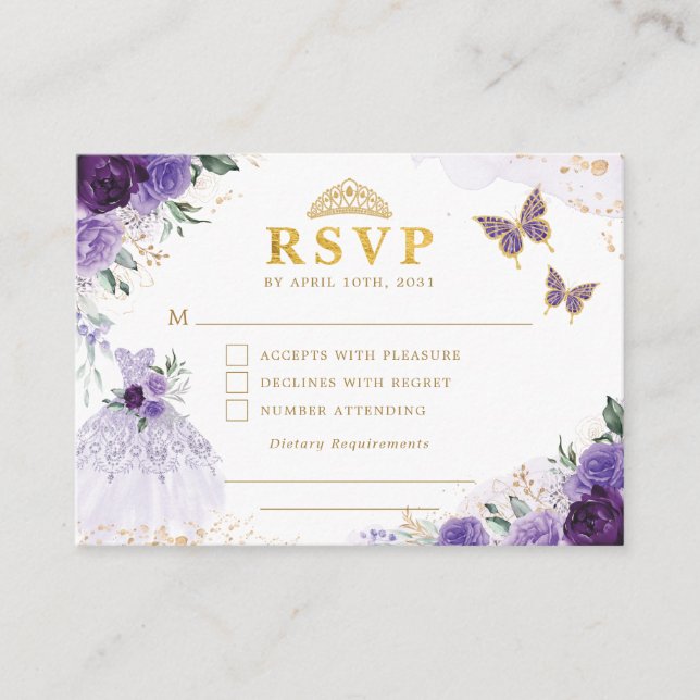 Carte D'accompagnement Robe de princesse Quinceanera florale lavande RSVP (Devant)