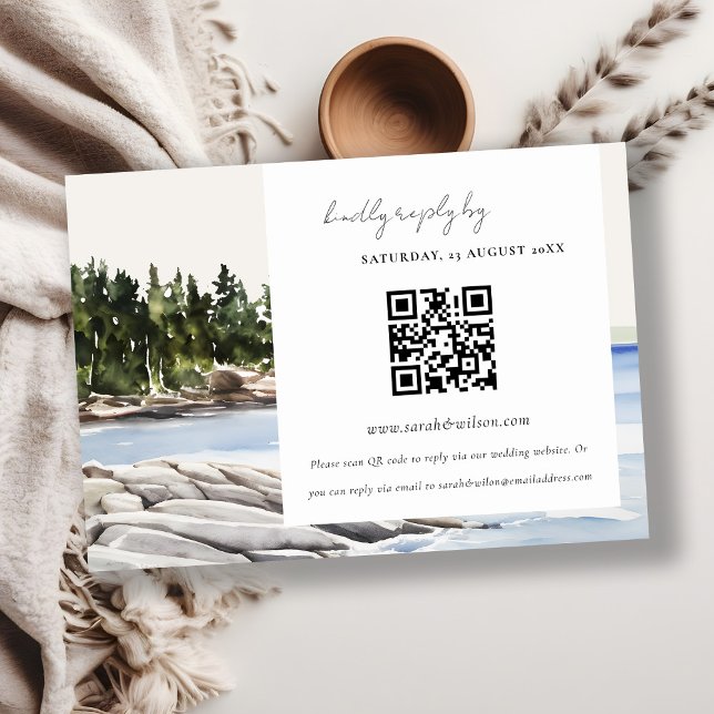Carte D'accompagnement Rocky Pine Mountain Seascape Mariage QR Code RSVP (Créateur téléchargé)